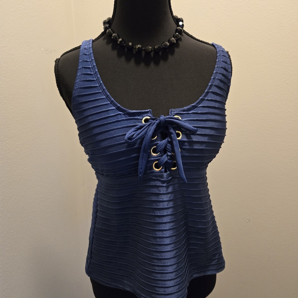 Time and Tru Ribbed Tie Front Blue Tank Top